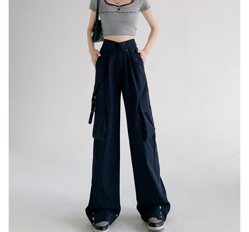 Waist Detailed Pocketed High Waist Plain Wide Leg Cargo Pants