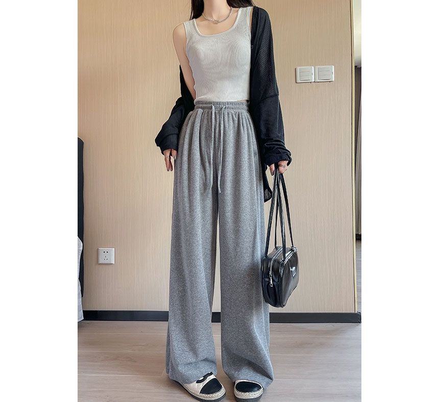 High Rise Plain Drawstring Drape Wide Leg Sweatpants