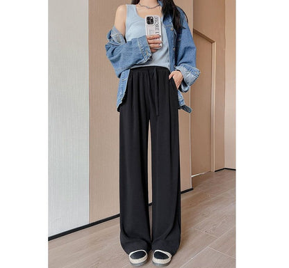 High Rise Plain Drawstring Drape Wide Leg Sweatpants