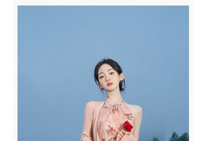 Sleeveless Halter Neck Floral Print Midi Qipao / Plain Cardigan / Set