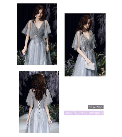 Flared-Sleeve V-Neck Sequin Lace-Up A-Line Evening Gown