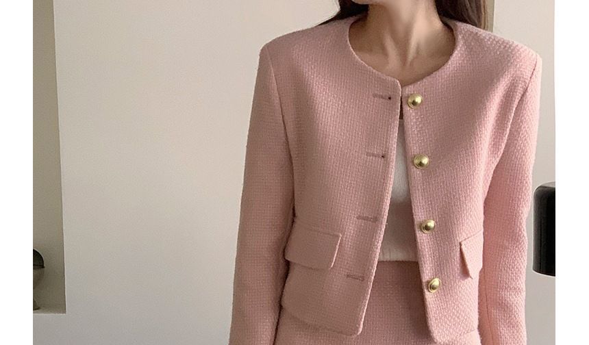 Set: Plain Tweed Button Jacket + High Rise Mini A-Line Skirt