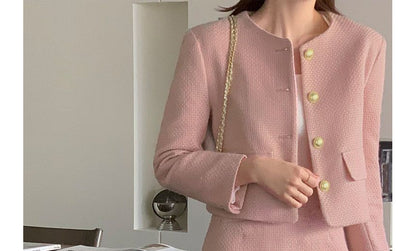 Set: Plain Tweed Button Jacket + High Rise Mini A-Line Skirt