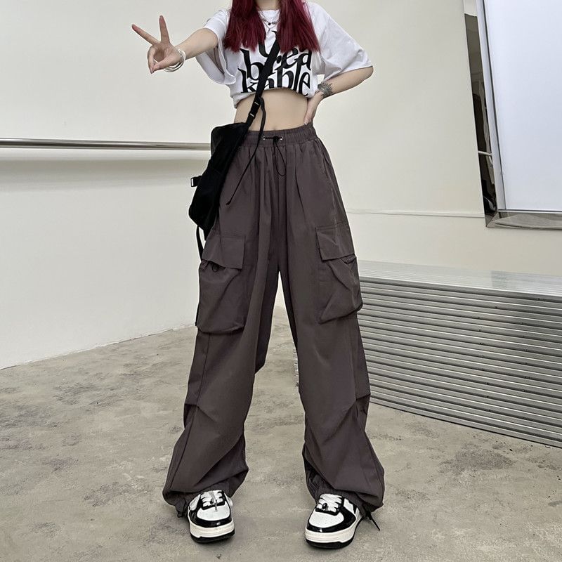 High Waist Pocket Loose-Fit Wide-Leg Cargo Pants