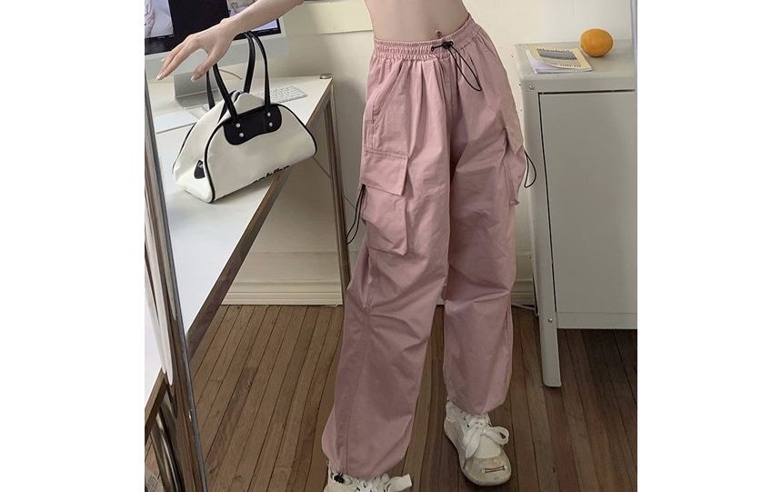 Mid Waist Plain Drawstring Cargo Baggy Pants