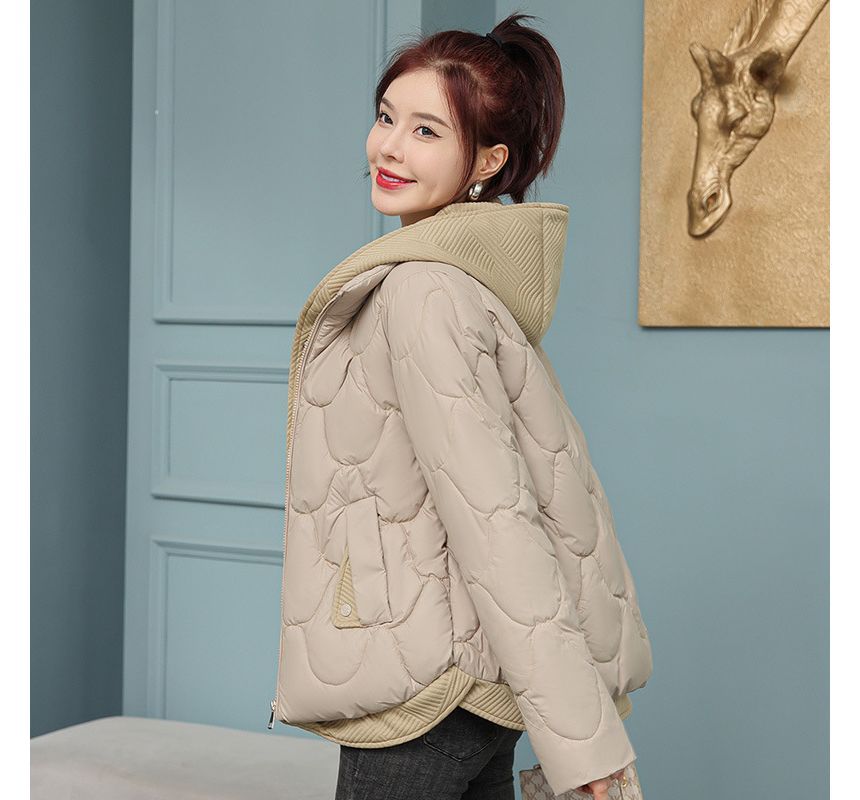 Mock Two-Piece Quilted Hooded Zip Jacket