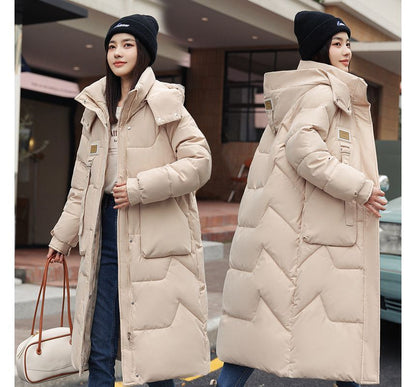 Lettering Applique Hooded Midi Zip Puffer Coat