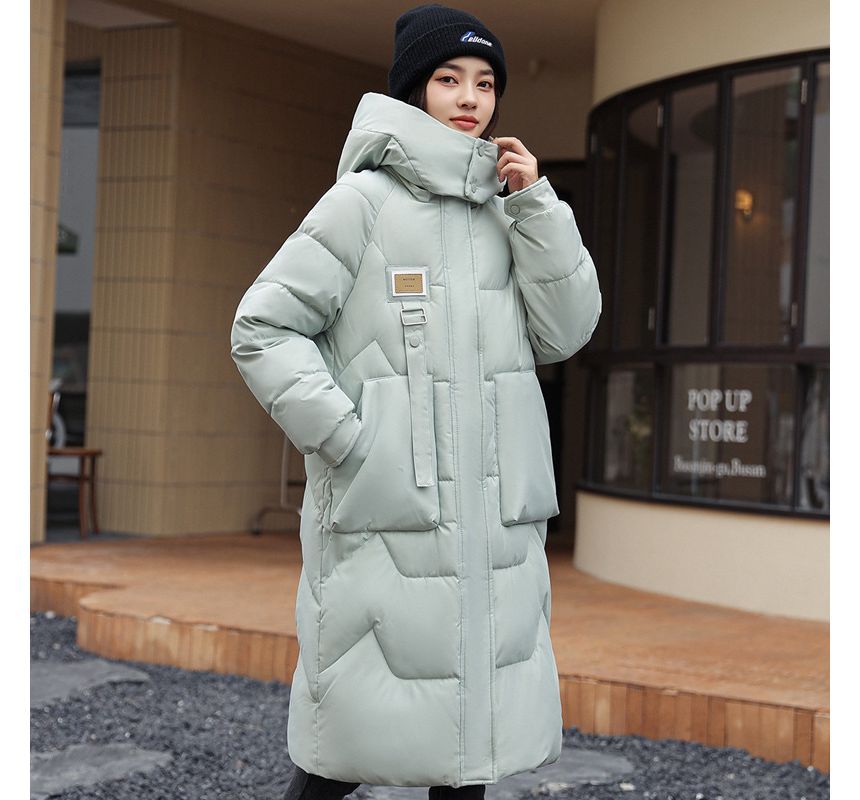 Lettering Applique Hooded Midi Zip Puffer Coat