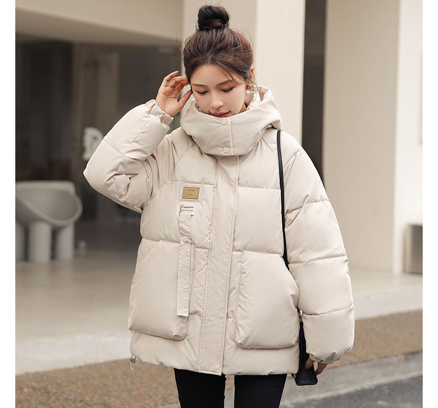 Applique Hooded Zip Puffer Jacket