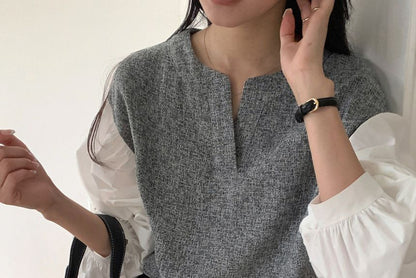 Long-Sleeve Notch Neck Melange Panel Blouse