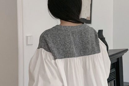 Long-Sleeve Notch Neck Melange Panel Blouse