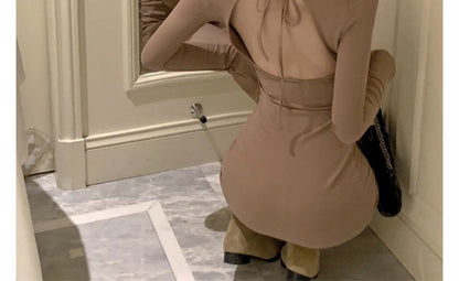Dress Long-Sleeve Plain Sheath Open Back Mini Crew Neck