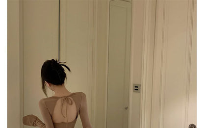 Dress Long-Sleeve Plain Sheath Open Back Mini Crew Neck