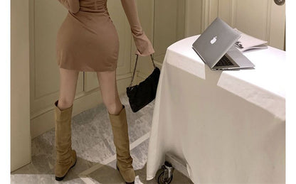 Dress Long-Sleeve Plain Sheath Open Back Mini Crew Neck