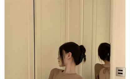 Dress Long-Sleeve Plain Sheath Open Back Mini Crew Neck