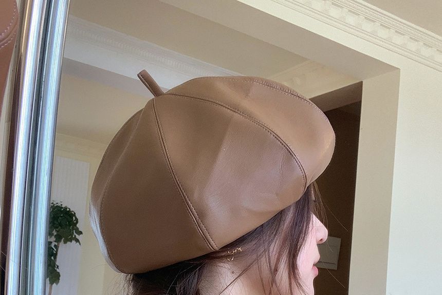 Plain Faux Leather Beret