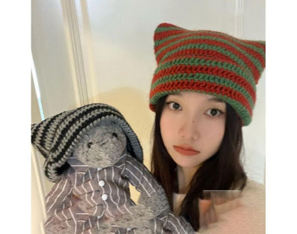 Cat Ear Striped Knit Beanie