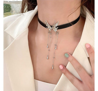 Faux Rhinestone Fringed Choker Butterfly Leather