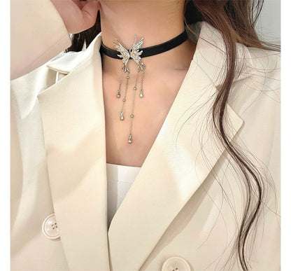 Faux Rhinestone Fringed Choker Butterfly Leather