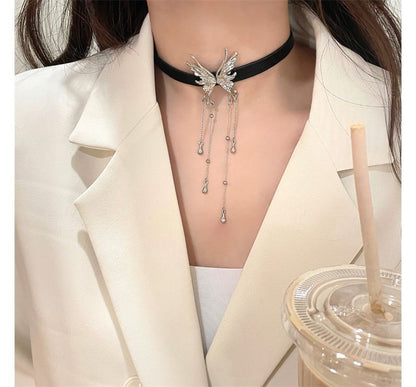 Faux Rhinestone Fringed Choker Butterfly Leather
