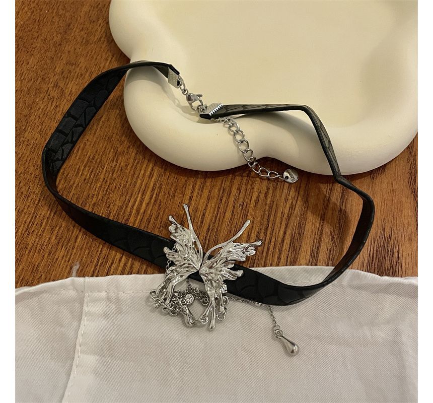 Faux Rhinestone Fringed Choker Butterfly Leather