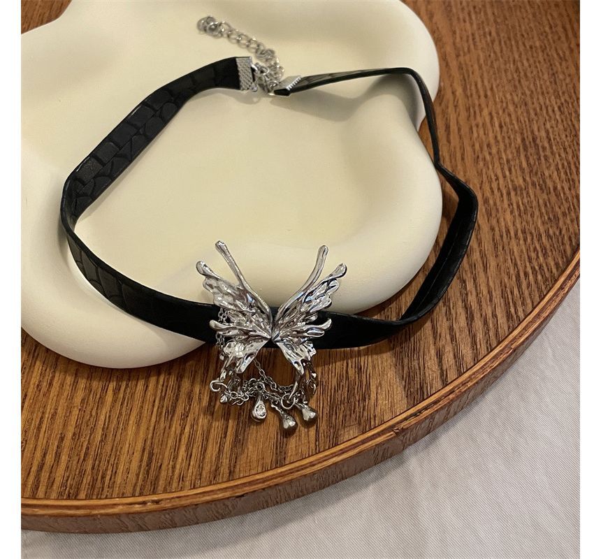 Faux Rhinestone Fringed Choker Butterfly Leather