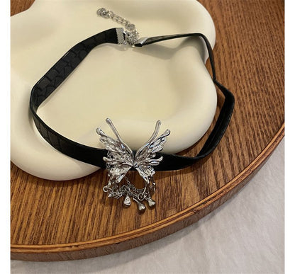 Faux Rhinestone Fringed Choker Butterfly Leather