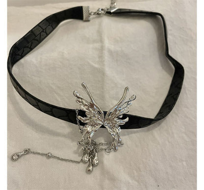Faux Rhinestone Fringed Choker Butterfly Leather