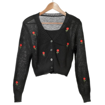 Crop + Set: Knit Top Embroidered Floral Tank Cardigan Square Neck