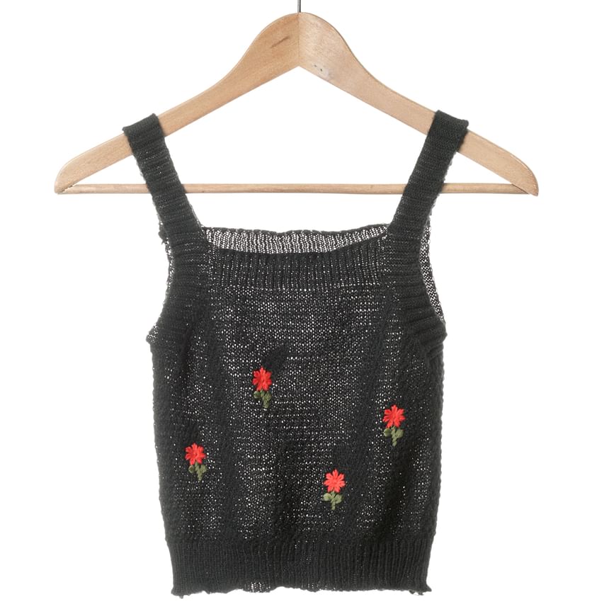 Crop + Set: Knit Top Embroidered Floral Tank Cardigan Square Neck
