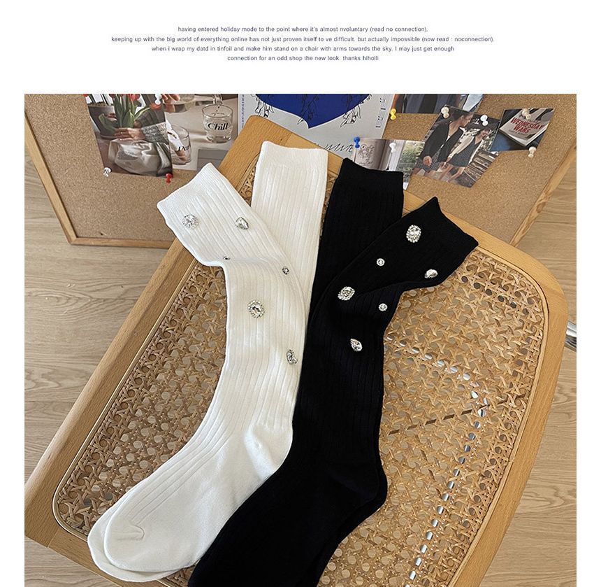 Plain Rhinestone Ribbed Socks