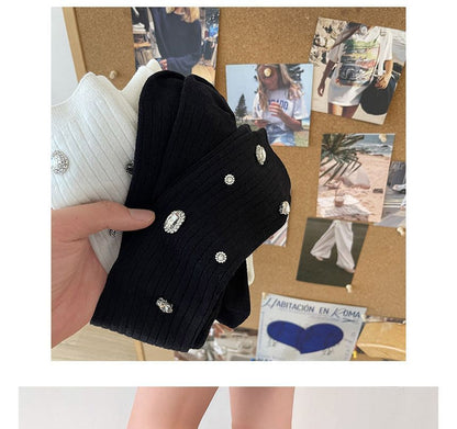 Plain Rhinestone Ribbed Socks