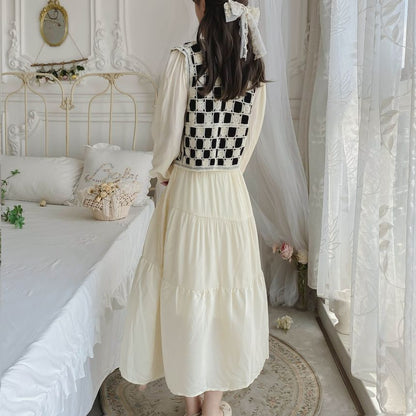 Set: Checkerboard Knit Vest + Puff-Sleeve Plain Midi A-Line Dress