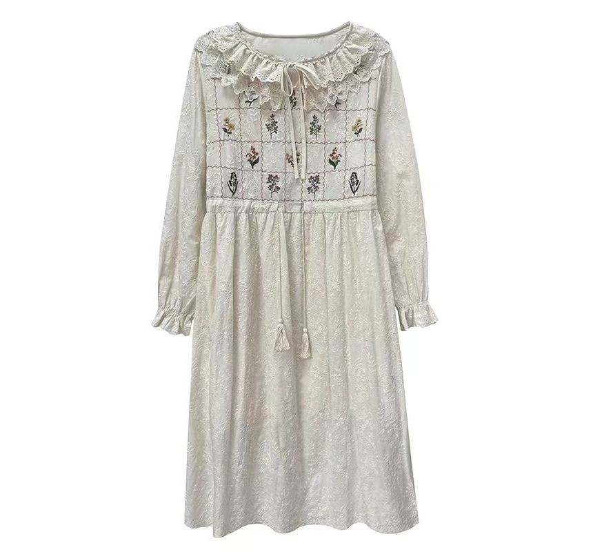 Flower Embroidered Single-Breasted Vest / Long-Sleeve Lace Trim Midi A-Line Dress