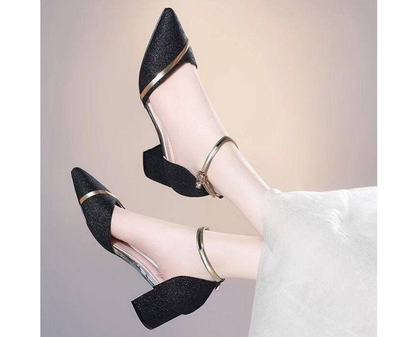 Glitter Pointed Pumps Ankle Toe Heel Block D'Orsay Strap