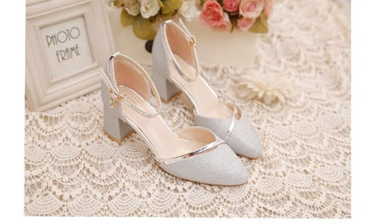 Glitter Pointed Pumps Ankle Toe Heel Block D'Orsay Strap