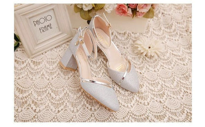 Glitter Pointed Pumps Ankle Toe Heel Block D'Orsay Strap