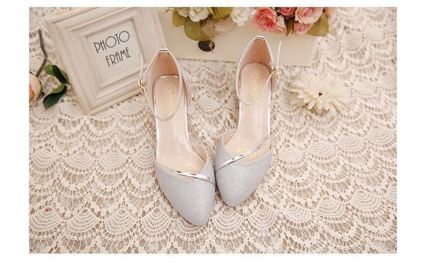 Glitter Pointed Pumps Ankle Toe Heel Block D'Orsay Strap