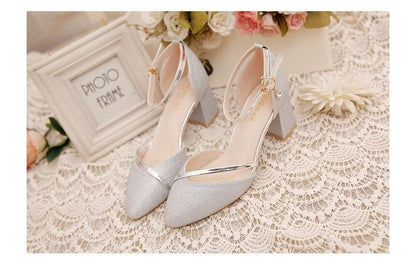 Glitter Pointed Pumps Ankle Toe Heel Block D'Orsay Strap