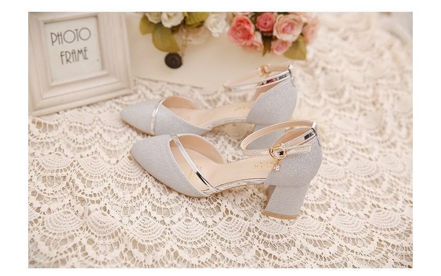 Glitter Pointed Pumps Ankle Toe Heel Block D'Orsay Strap