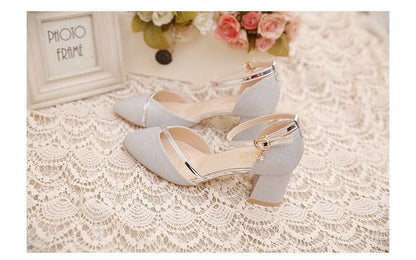 Glitter Pointed Pumps Ankle Toe Heel Block D'Orsay Strap