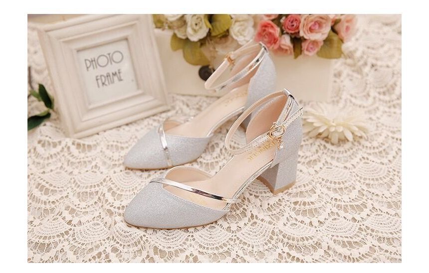 Glitter Pointed Pumps Ankle Toe Heel Block D'Orsay Strap