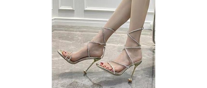 Heel Buckled Rhinestone Sandals Gladiator Toe Square Kitten