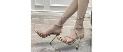 Heel Buckled Rhinestone Sandals Gladiator Toe Square Kitten