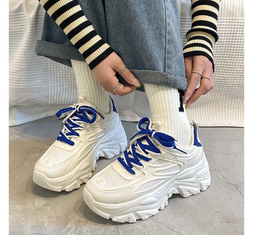 Leather Tone Platform Lace-Up Faux Mesh Sneakers Two Panel