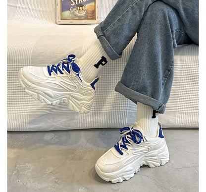 Leather Tone Platform Lace-Up Faux Mesh Sneakers Two Panel