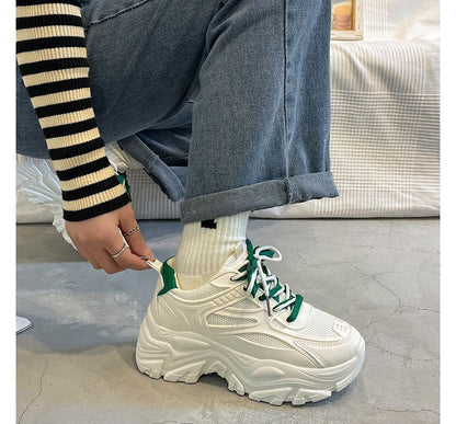 Leather Tone Platform Lace-Up Faux Mesh Sneakers Two Panel