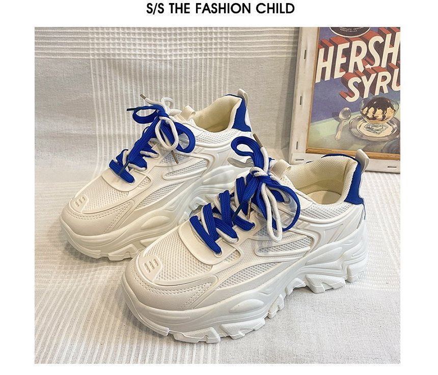 Leather Tone Platform Lace-Up Faux Mesh Sneakers Two Panel