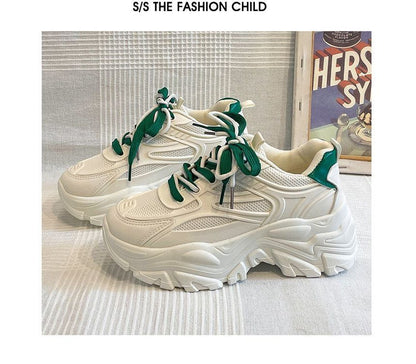 Leather Tone Platform Lace-Up Faux Mesh Sneakers Two Panel