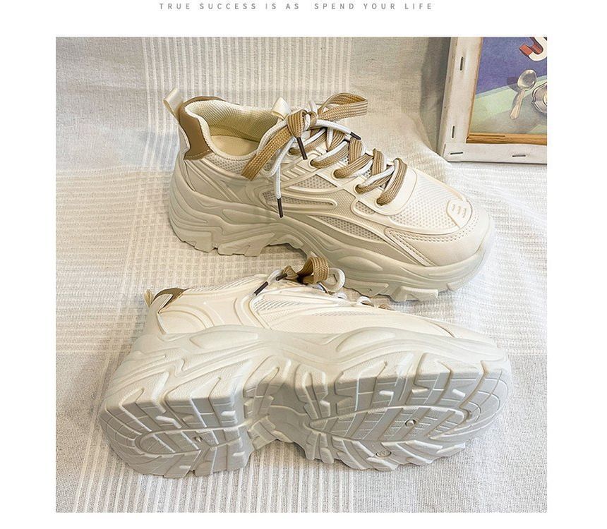 Leather Tone Platform Lace-Up Faux Mesh Sneakers Two Panel